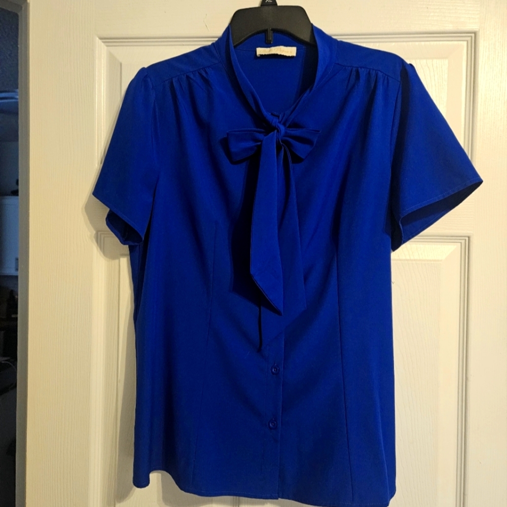Sapphire short sleeve blue blouse with long  bow tie